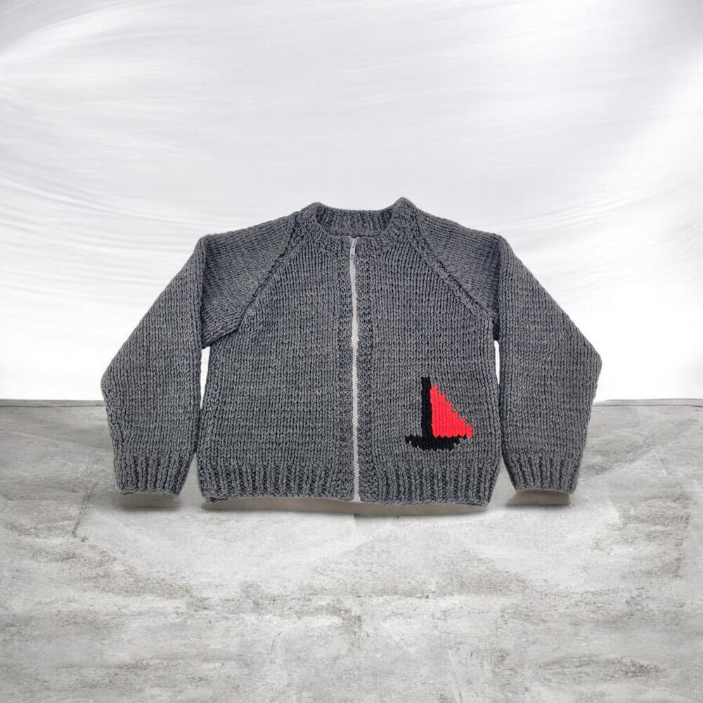VTG 50s 60s Cowichan Sweater Kids 4T Wool Full Zip Sail Boat Knit Cardigan